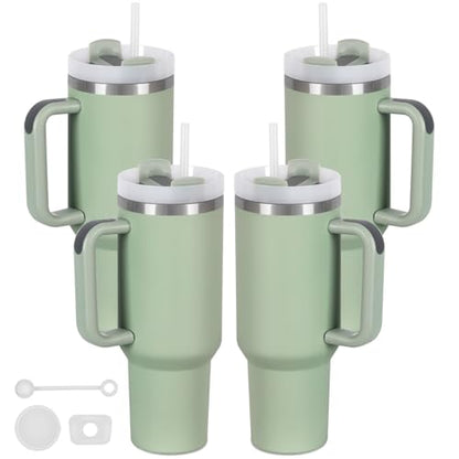 4 Pack 40 Oz Tumbler with Handle Bulk, Double Wall Vacuum Insulated Stainless Steel Tumbler with Lid and Straw, 40 oz cup with Silicone Spill Proof Stopper Set (Dark Green) - color: Dark Green