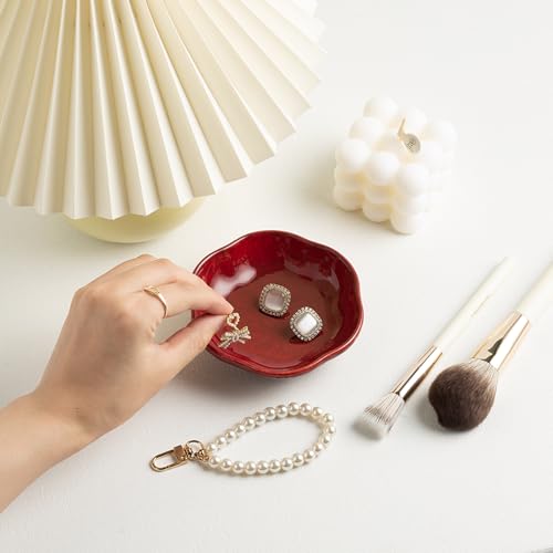 BEUNAIZER Ceramic Ring Dish, 4.3 in Flower Jewelry Tray with Raised Sides | Keeps rings, earrings, keys and hair accessories visible on a vanity, nightstand or bathroom counter. - color: red