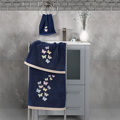 Frolic 4-Piece Luxury Towel Set, Calico Applique, Soft & Durable Turkish Cotton, Elegant Bathroom Ensemble, 2 Bath 2 Hand Towels, Marine - color: Marine, size: 2 Pcs Bath 2 Pcs Hand Towel