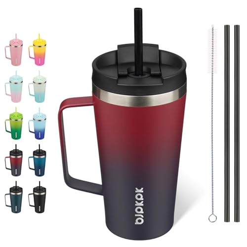 BJPKPK 18oz Insulated Tumbler with Handle, Lid & Straw, Stainless Steel | Double Wall Vacuum Insulated Coffee Travel Mug - Keeps Cold & Hot, BPA Free, Cupholder Fit for Office, Gym & Travel - color: Charming Red, size: 18 Ounces