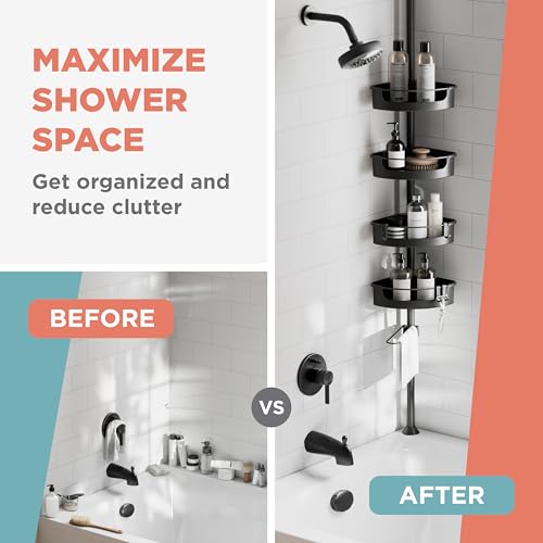 Zenna Home Tension Pole Shower Caddy Corner Organizer - Adjustable Standing Shower Caddy with 4 Baskets, 6 Hooks and Towel Bar, Rustproof Bathroom Tension Rod Organizer, 60 to 108 Inch, Matte Black