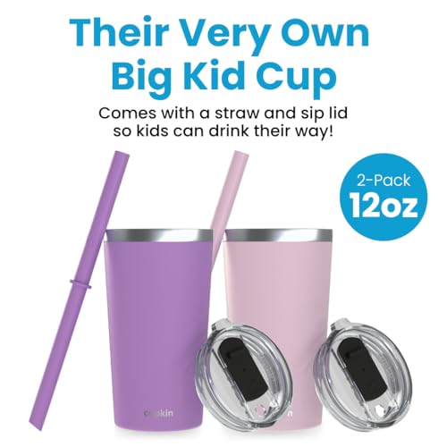 CUPKIN Toddler Tumblers, The Original 12 oz Stackable Stainless Steel Cups, Set of 2 Powder Coated Insulated Kids Water Bottle Alternative & BPA Free Lids + Reusable Silicone Straws (Pink + Purple) - color: Pink + Purple, size: 12 Fl Oz (Pack of 2)