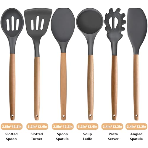 Kitchen Cooking Utensils Set, 6Pcs Silicone Kitchen Utensils Set Spatula Spoon Soup Ladle Turner, Heat Resistant Wooden Handle Silicone Cooking Gadgets for Nonstick Cookware & Baking BPA FREE - color: Gray, size: Standard 6-Piece Set