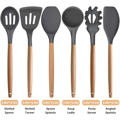 Kitchen Cooking Utensils Set, 6Pcs Silicone Kitchen Utensils Set Spatula Spoon Soup Ladle Turner, Heat Resistant Wooden Handle Silicone Cooking Gadgets for Nonstick Cookware & Baking BPA FREE - color: Gray, size: Standard 6-Piece Set