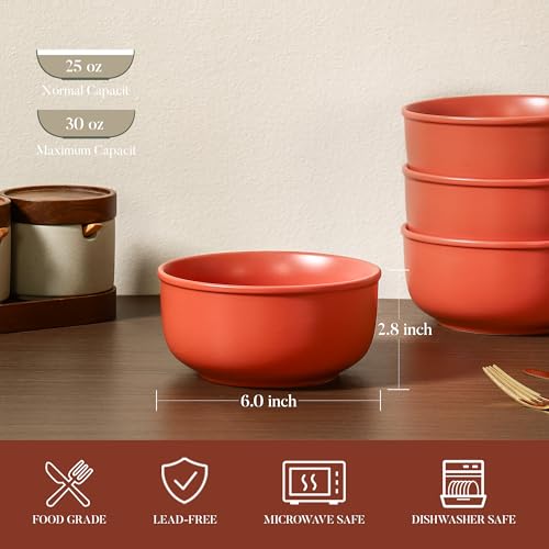 GZG 6-Inch Ceramic Cereal Bowls Set of 4, Terracotta Blush | Rustic Matte Glazed Stoneware, For Cereal, Soup, Salad & Snacks, 30 oz Capacity, Microwave & Dishwasher Safe - color: Terracotta Blush, size: 4 pcs Bowl Set