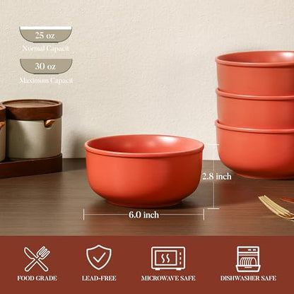 GZG 6-Inch Ceramic Cereal Bowls Set of 4, Terracotta Blush | Rustic Matte Glazed Stoneware, For Cereal, Soup, Salad & Snacks, 30 oz Capacity, Microwave & Dishwasher Safe - color: Terracotta Blush, size: 4 pcs Bowl Set