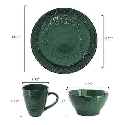 Elama Malibu Sea Glass 16-Piece Stoneware Embossed Pattern Reactive Glaze Dark Green Dinnerware Set, Tableware, Serveware Set (Sea Glass Green) - color: Sea Glass Green