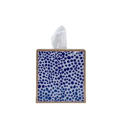 Jaye’s Studio Decorative Square Tissue Box Cover for Bathroom & Home, Premium Tissue Box Holder, Blue & White Print, Luxury Gold Trim & Accents, Shagreen Pattern, Luxury Handmade Metal Decor