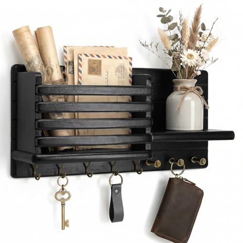 Rebee Vision Key Holder Wall Mount with 8 Key Hooks for Rome Decor, Black | Pine Wood, Key Holder for Wall, Mail Slot, Key Hanger for Keys, Shelf for Plant, Entryway Mail Organizer, Home Improvement - color: Black