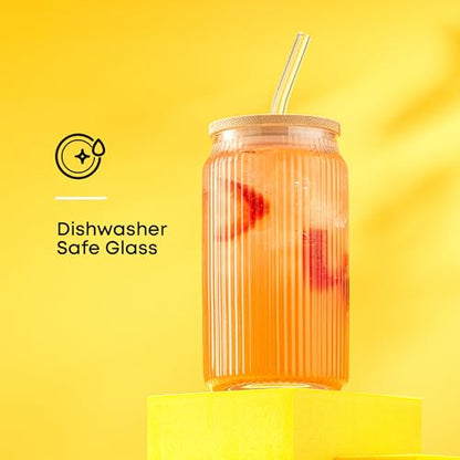 JoyJolt Fluted Glass Tumblers with Bamboo Lids and Glass Straws, Ribbed Can Shaped Drinking Glasses Set of 4, 16oz Cup with Lids and Straws, Iced Coffee Cups, Cocktail/Beer Glasses, Tea Cups - style: Clear Glasses