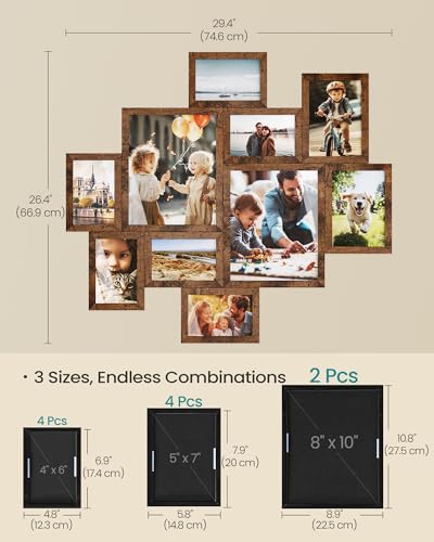 SONGMICS Picture Frames, Collage Photo Frames Set of 10, Two 8x10, Four 5x7, Four 4x6, Wall Gallery Display, Tool-Free Assembly,Rustic Brown URPF100MZ01 - color: Rustic Brown, size: 8*10 2 pack+ 5*7 4 pack + 4*6 4 pack