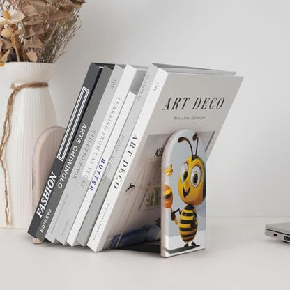 Honey Bee Art Printed Wooden Desk Bookends 1 Pairs, Book Holder And Stand For Home, School, Office, Library