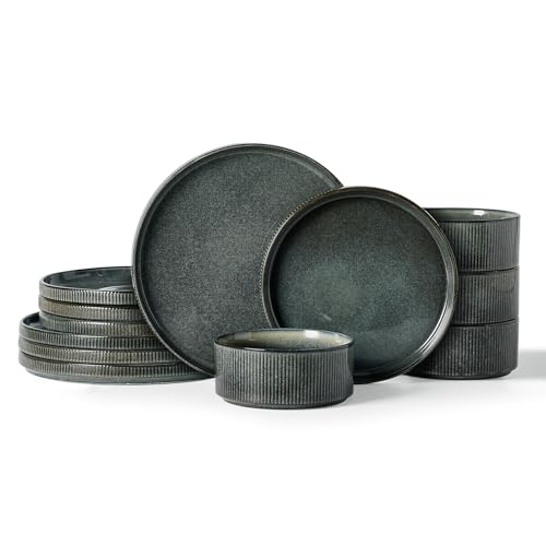 Famiware Star Stoneware Dinnerware Set, Reactive Glaze Plates & Bowls for 4 | 12-Piece Handmade Ribbed Dishes, Chip & Scratch Resistant Ceramic. Microwave & Dishwasher Safe, Rustic Modern, Deep Forest - color: Deep Forest, size: Service for 4