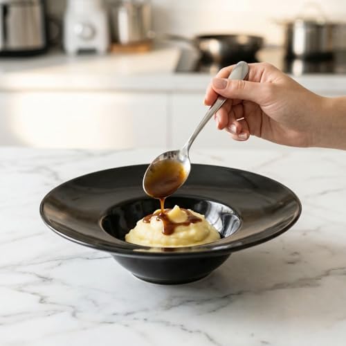 Ceramics Rimmed Soup Bowls 5.1 oz, Black 8.5 inch Exquisite small soup plate Set of 4, Pasta plates With Rim is the best choice for hotels, kitchens, fine restaurants and gourmets - color: Black, size: 8.5 Inch-5.1 oz