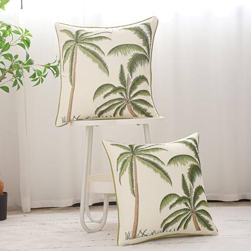 Green Palm Tree Throw Pillow Covers 18x18 Inch Set of 2 | Embroidery,Ocean-Themed,Durable Fabric,Boho Decorative,Hidden Zipper,Aesthetic Design,Ideal Gift,Easy Care - color: A-green Palm Tree
