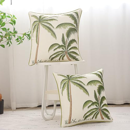 Green Palm Tree Throw Pillow Covers 18x18 Inch Set of 2 | Embroidery,Ocean-Themed,Durable Fabric,Boho Decorative,Hidden Zipper,Aesthetic Design,Ideal Gift,Easy Care - color: A-green Palm Tree