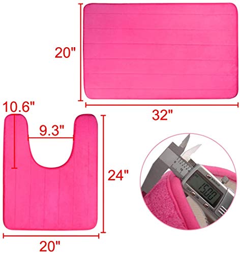 Memory Foam Bathroom Rugs 2 Piece Bath Mat Set Soft Non-Slip and Absorbent Microfiber Bath Rug and U-Shaped Toilet Mat 32"x20"+24"x 20", Hot Pink