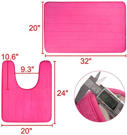 Memory Foam Bathroom Rugs 2 Piece Bath Mat Set Soft Non-Slip and Absorbent Microfiber Bath Rug and U-Shaped Toilet Mat 32"x20"+24"x 20", Hot Pink