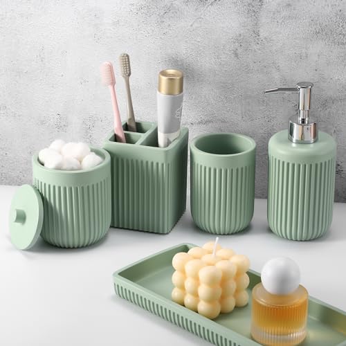 XLHOMO Resin Light Green Bathroom Accessories Set 5 Pcs, Lotion Soap Dispenser, Toothbrush Holder, Bathroom Tumbler, Qtip Holder and Vanity Tray, Bathroom Countertop Organizer Set for Modern Apartment - color: Green, size: Resin Bath Set