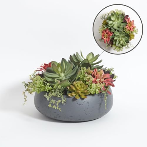 CG Hunter Faux Succulent Arrangement, Premium Artificial Indoor Plant Enhances Interior Design, Display on Any Surface in Your Home Adding an Inviting Touch of Nature, Grey Planter Pot Included - size: 14" Round Grey
