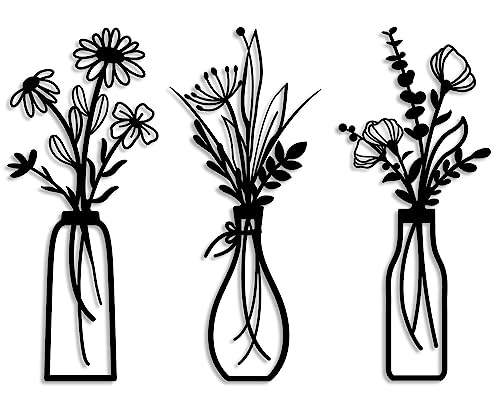 Pigort 3 Pieces Metal Flowers Wall Arts - Rustic Farmhouse Decor Black Minimalist Flower Wall Decors for Living room Bathroom Bedroom Dining Room - Housewarming Gifts(Black, Vase-C) - color: Black