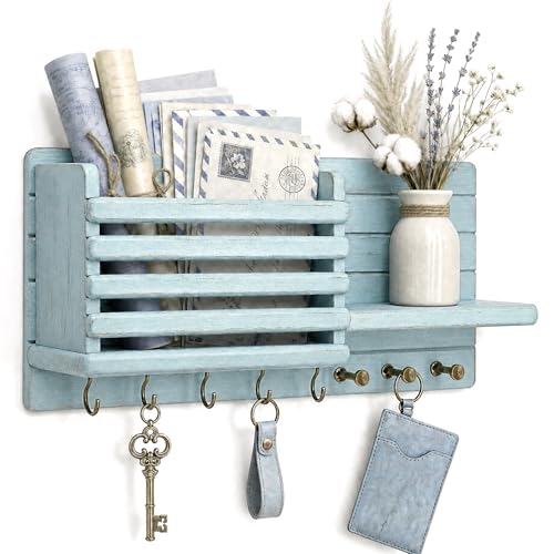 Rebee Vision Key Holder Wall Mount with Mail Slot for Room Decor, Blue | Pine Wood, Key Holder for Wall, 8 Key Hooks, Mail Organizer, Paper Storage, Wall Organizer, key Hanger Apartment Aesthetic - color: Blue