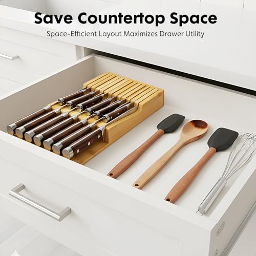 Bamboo Kitchen Drawer Knife Block, In drawer Knife Holder, Knife Drawer Organizer fit for 13 knives | Compact design,13 Slots, Thicker Base Board, Drawer Holder Storage For Steak, Paring, Bread Knives - size: 13 Slots Knife Holder