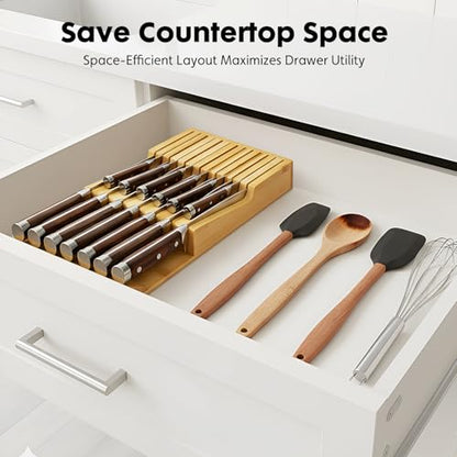 Bamboo Kitchen Drawer Knife Block, In drawer Knife Holder, Knife Drawer Organizer fit for 13 knives | Compact design,13 Slots, Thicker Base Board, Drawer Holder Storage For Steak, Paring, Bread Knives - size: 13 Slots Knife Holder