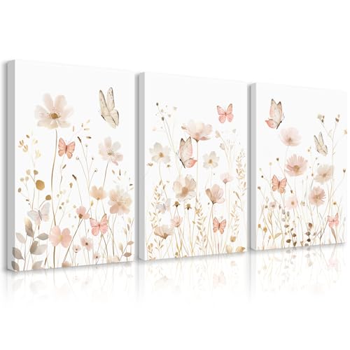 Pink Boho Floral Wall Art Vintage Nursery Wildflower Canvas Wall Decor Watercolor Flower Prints Pink Botanical Poster Butterfly Pictures Gold Floral Painting for Bedroom 12x16 Inch Ready to Hang 3pcs - color: Pink Butterfly Art, size: 12''x16'' Wrapped Ca