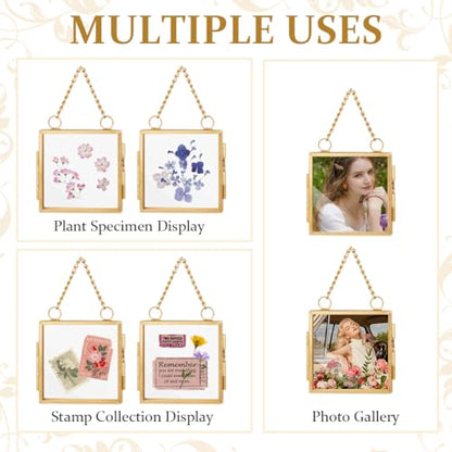 OLYCRAFT 6Pcs 2.1x2.1 Inch Gold Mini Glass Hanging Frame with Chain | Metal Picture Frames, Double Glass Floating Frames, Wall Hanging Artwork Display Frame for Pressed Flowers Leaf and Artwork - size: 2.1x2.1 Inch
