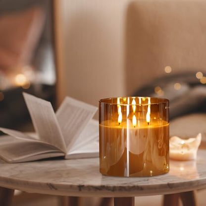 Large 3 Wick Gold Glass Flameless Pillar Candle with Remote | 6x6 inch LED Candle Flickering, Triple Wick, 2 AA Battery Powered, Accent Home Decor Gift - color: Amber Gold