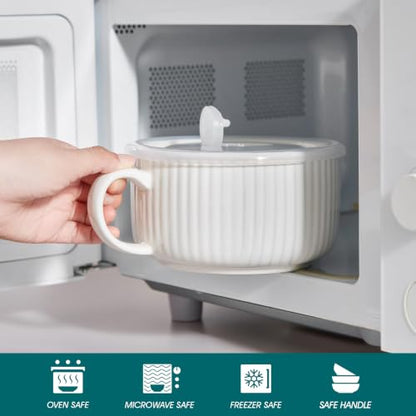 vancasso 38oz Soup Mug with Lid and Handle Steam Vent Bowl White 1 Pack | 38oz Large Ceramic Soup Mug, Vented Silicone Lid, Heat-Insulated Handle, Reactive Glaze, Microwave and Dishwasher Safe