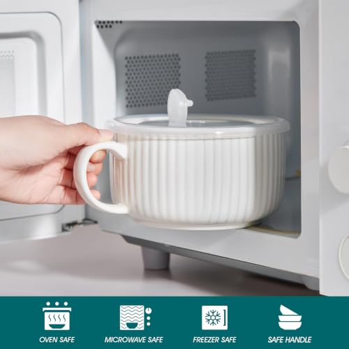 vancasso 38oz Soup Mug with Lid and Handle Steam Vent Bowl White 2 Pack | 38oz Large Ceramic Soup Mug, Vented Silicone Lid, Heat Insulated Handle, White, Microwave and Dishwasher Safe, Set of 2