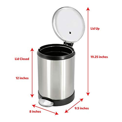 Glad Small Trash Can, 1.2 Gallon | Round Stainless Steel Garbage Bin with Soft Close Lid & Step Foot Pedal | Metal Waste Basket with Removable Inner Bucket, Stainless, 8 x 9.5 x 12 inches - color: Stainless