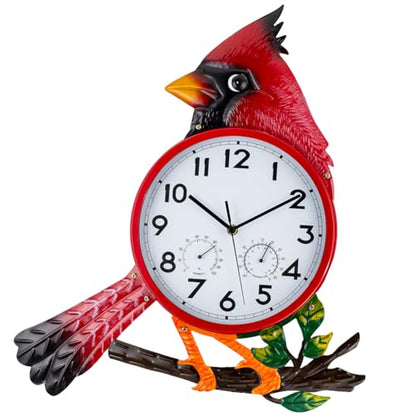 Large Outdoor Clock with Thermometer & Humidity | Silent Non-Ticking, Cardinal Outdoor Wall Clock for Patio, Garden, Kitchen, Living Room, Red - style: Cardinal-Red