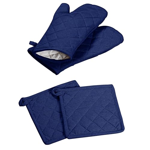 Oven Mitt (7"x13") & Pot Holder (8"x8") 100% Cotton Set of Heat Resistant Oven Gloves & Hot Pads for Gifts, BBQ, Cooking, Baking, Thanksgiving - Indigo Blue - color: Indigo Blue