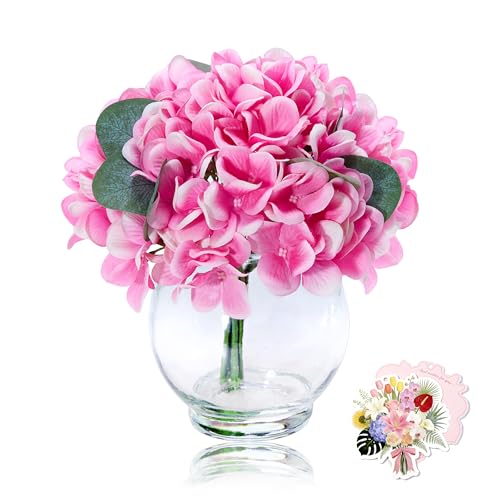 9in Artificial Pink Hydrangea in Glass Vase with Faux Water for Home Decor | Zero-Maintenance Hydrangea Floral Arrangement for Living Room Office Desk Decor & Wedding Party,Perfect Housewarming Gift - color: Pink Hydrangea With Glass Vase