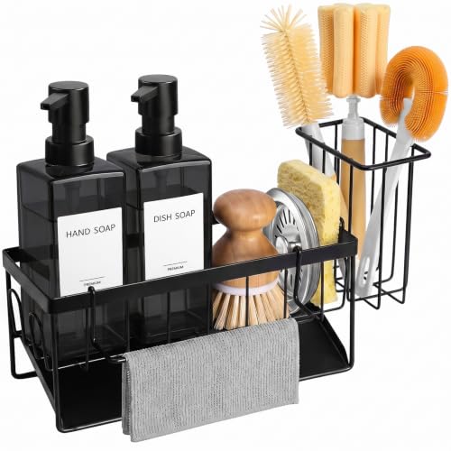 GMISUN Dish Soap Dispenser for Kitchen, 12 fl oz Dual Kitchen Soap Dispensers with Sponge Holder, Clear Black Glass Kitchen Soap Dispenser Set, Modern Hand and Dish Soap Bottle Set - color: Clear Black Bottle + Black Rack