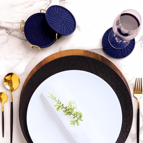 Navy Blue Coasters Set of 6 - Non-Slip Table Coasters for Drinks with Groove Patterns & Gold Holder 4", 0.23" - color: Navy Blue