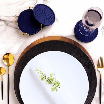 Navy Blue Coasters Set of 6 - Non-Slip Table Coasters for Drinks with Groove Patterns & Gold Holder 4", 0.23" - color: Navy Blue