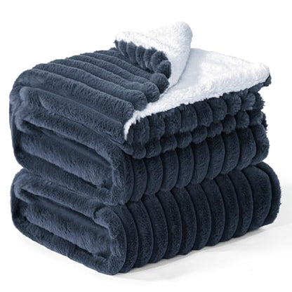 INFIIXSO Sherpa Fleece King Size Blanket - Super Soft & Warm Striped Fleece, Cozy Plush Fluffy Large Bed Blanket All Season Use (Navy Blue, 104x90 Inches) | Super Soft Thick Warm Striped Sherpa Blanket for Bed Sofa, Cozy Plush Fluffy Throw Gift for Women,