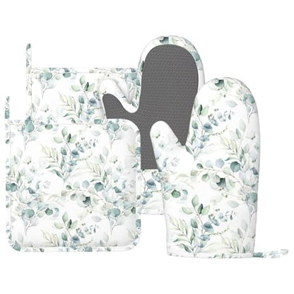 Eucalyptus Leaf Oven Mitts and Pot Holders Sets for Kitchen Silicone Sage Green Botanical Watercolor Plants Oven Gloves Heat Resistant Oven Mitts with 2 Non-Slip Pads Kitchen Gloves for BBQ - color: White Green