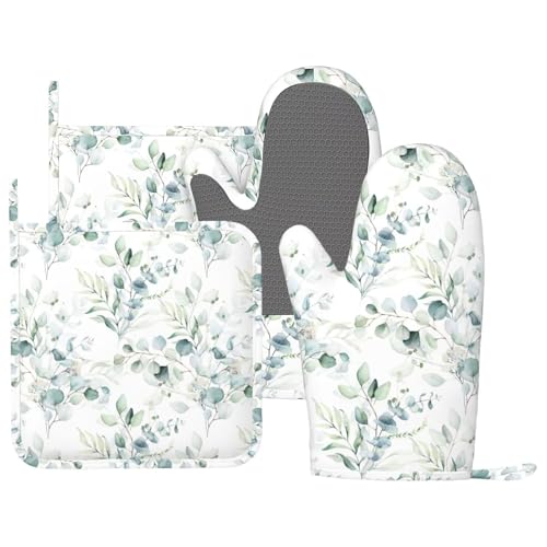 Eucalyptus Leaf Oven Mitts and Pot Holders Sets for Kitchen Silicone Sage Green Botanical Watercolor Plants Oven Gloves Heat Resistant Oven Mitts with 2 Non-Slip Pads Kitchen Gloves for BBQ - color: White Green