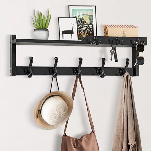 dreampossible 4 in 1 Coat Rack Wall Mount with Shelf, Coat Hooks 25.2" Entryway Coat Hanger with Key Hooks and Mail Holder, Wall Hooks with Shelf, Hat Rack for Wall Key Holder Mail Organizer - color: Black, size: 25.2 Inch Long