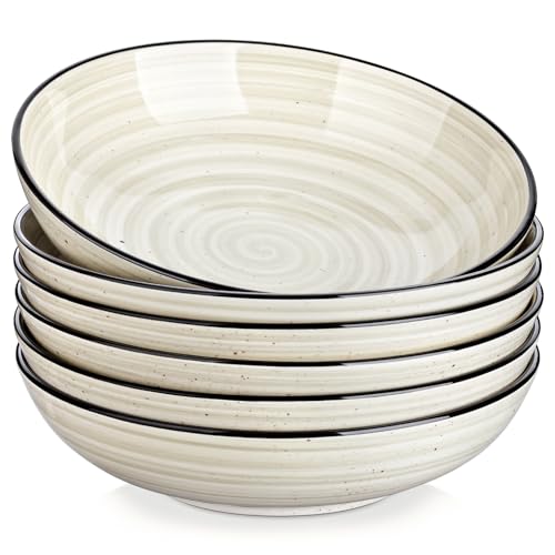 vancasso Bonbon Pasta Bowls Set of 6, 38 Oz Ceramic Salad Bowls, Wide and Shallow Bowls Set, Large Serving Bowls for Kitchen, Beige - color: Beige, size: 38 Oz