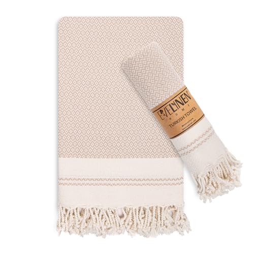 Evelynen Turkish Hand Towels for Bathroom & Kitchen Towels Decorative Set of 2 | Boho Farmhouse Hand Towels with Hanging Loops for Face, Tea, Dish, Kitchen & Bath | %100 Cotton (16" x 32" - Beige) - color: Beige