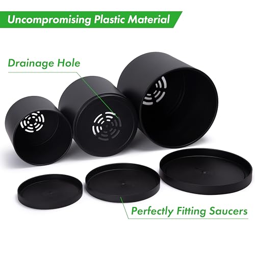 D'vine Dev 3-Pack Plastic Pots & Saucers, 6.5/8/10 in, Black, 74-V-B-4 | Multi-Size Options, Lightweight Durable, Matte Finish, Cylinder Shape, Drainage Holes, Sleek Design, Detachable Saucer - color: Matte Black, size: Large