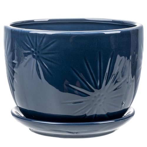 MyGift 7 Inch Round Blue Ceramic Plant Pot with Drainage Hole and Attached Saucer, Modern Decorative Embossed Sunburst Planter Container for Indoor Home Garden - color: Blue