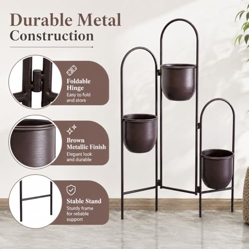 TRIROCKS 3 Tier Plant Stand with 3 Removable Metal Pots Indoor Outdoor Corner Plant Rack, 35" H Space Saving Flower Pot Holder for Living Room, Balcony, Patio & Garden(Brown) - size: 35" H