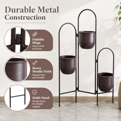 TRIROCKS 3 Tier Plant Stand with 3 Removable Metal Pots Indoor Outdoor Corner Plant Rack, 35" H Space Saving Flower Pot Holder for Living Room, Balcony, Patio & Garden(Brown) - size: 35" H